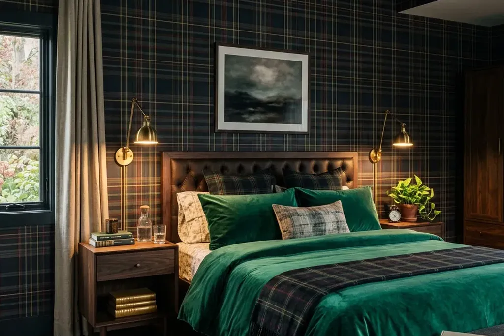 Plaid wallpaper on the single wall behind a bed headboard in a bedroom