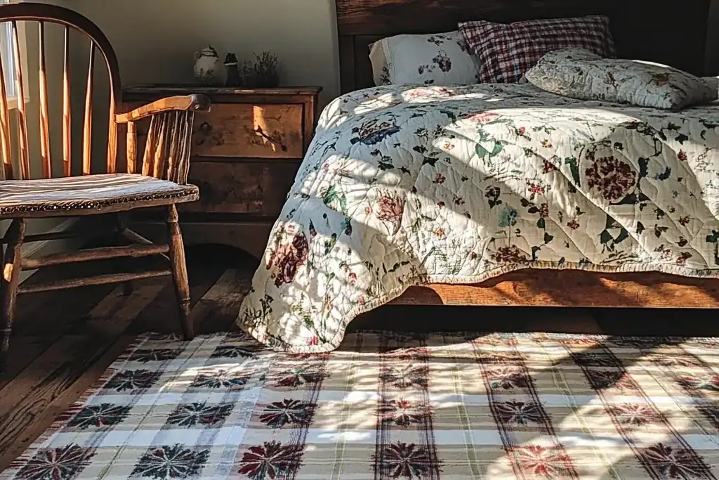 Plaid rug placed under the lower part of a bed and extending out on both sides