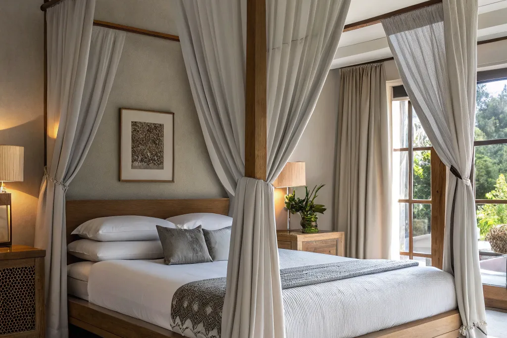 Light plaid fabric draped inside the frame of a four poster bed