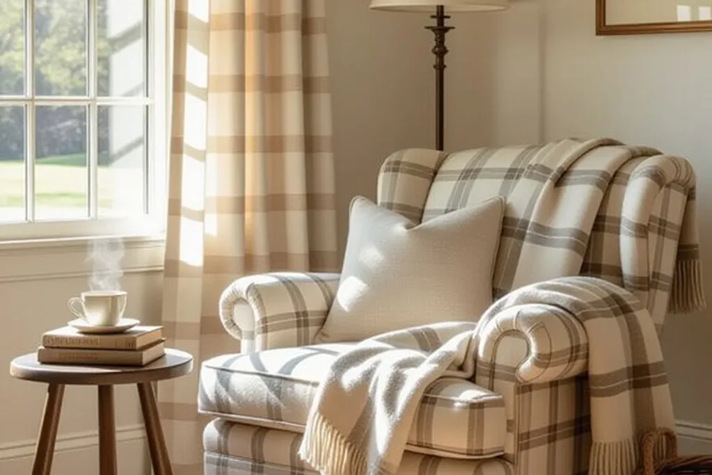 Plaid armchair in a bedroom reading corner with a side table and floor lamp