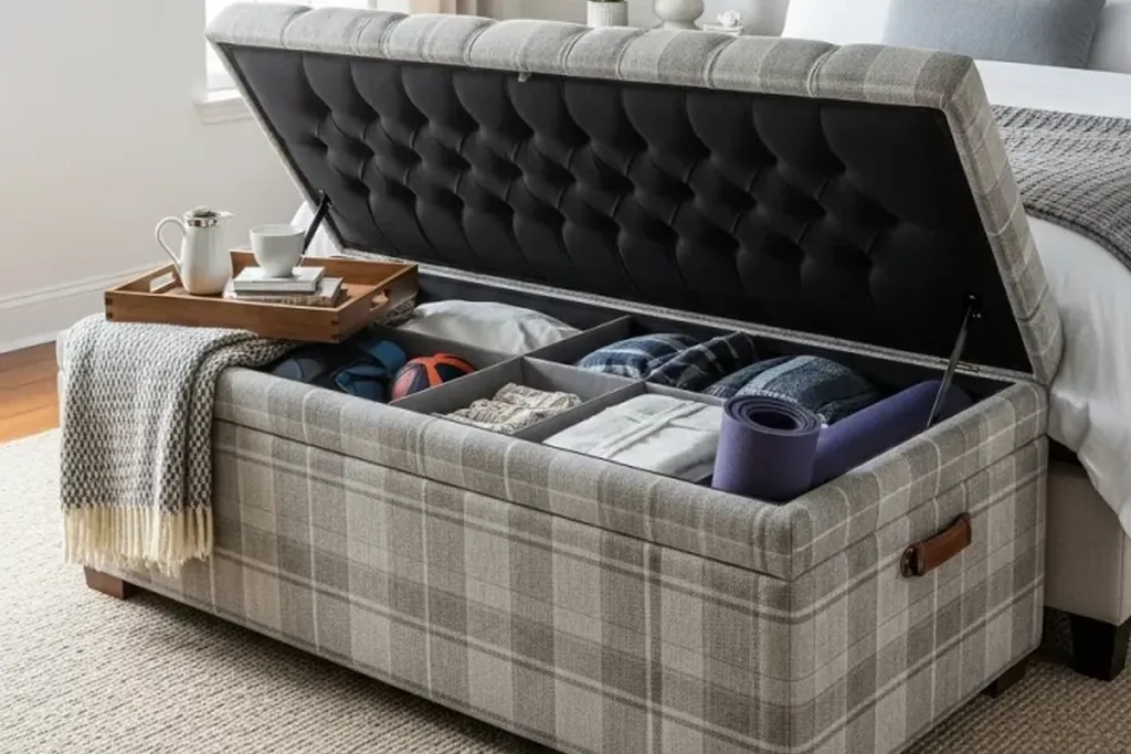 Plaid storage ottoman at the foot of a bed in a bedroom