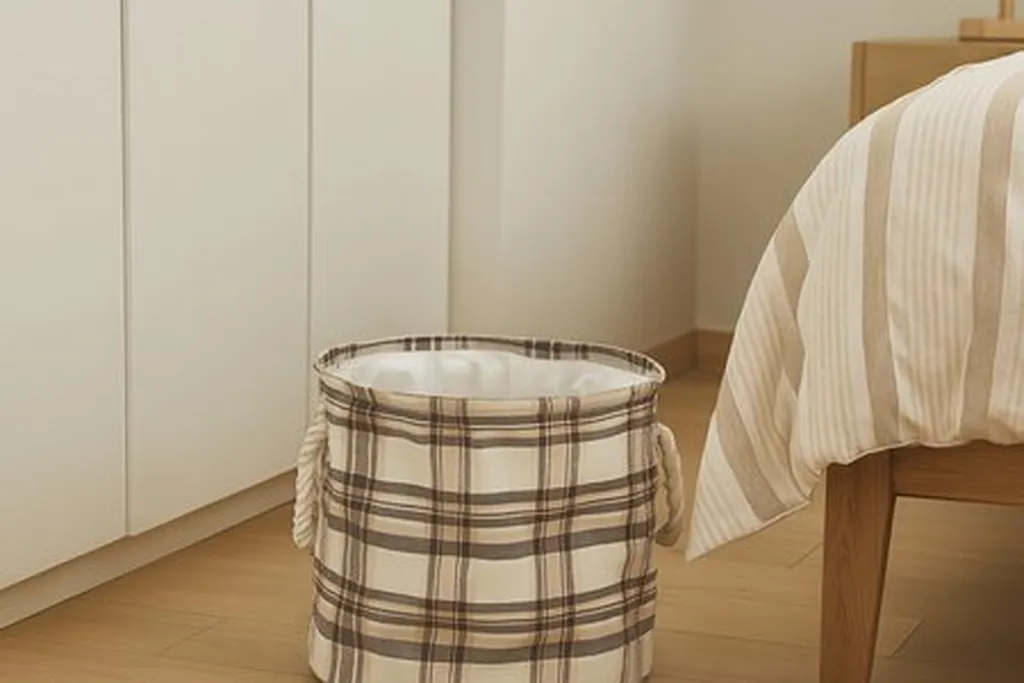 Plaid fabric storage baskets arranged on a bedroom dresser shelf