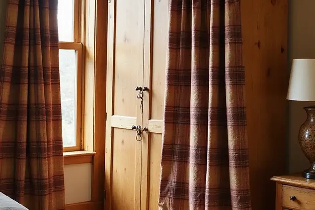 Plaid curtains covering a closet opening in a small bedroom