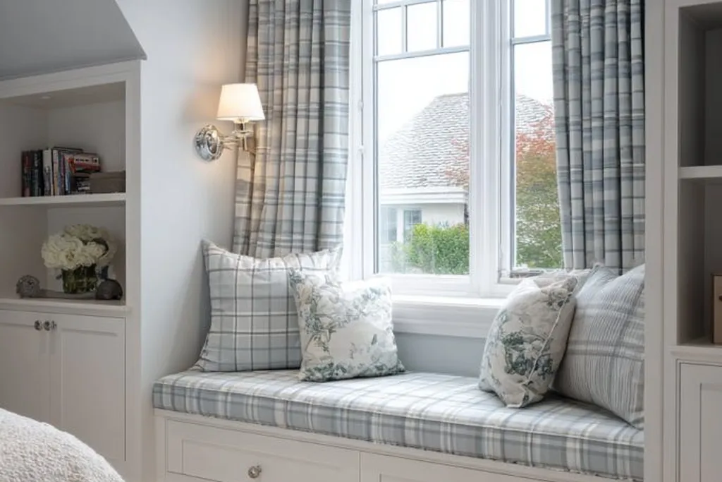 Window seat with a plaid seat cushion and solid back cushions in a bedroom
