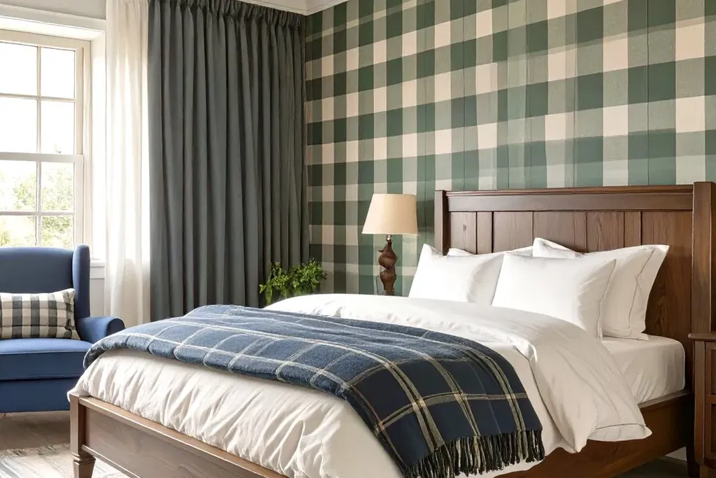Bedroom styled with plaid bedding, a plaid shade and a plaid rug on plain walls