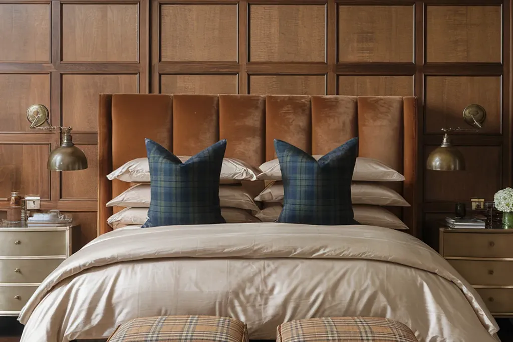 Upholstered headboard covered in muted plaid fabric behind plain bedding