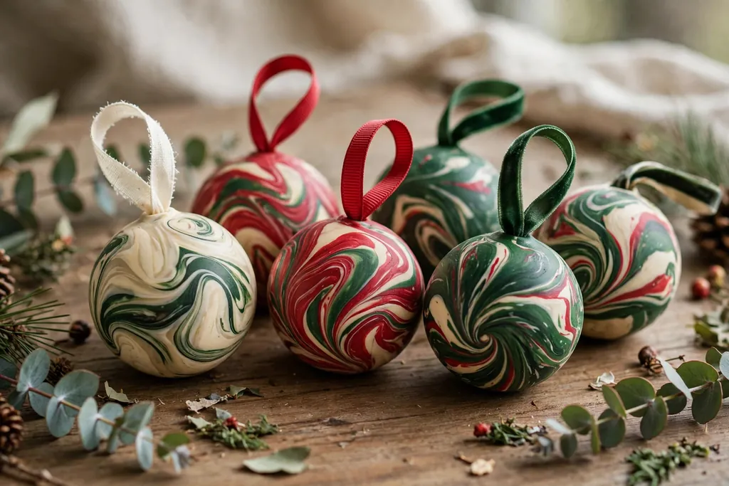 Marbled polymer clay baubles in cream, red, and deep green with ribbon loops.