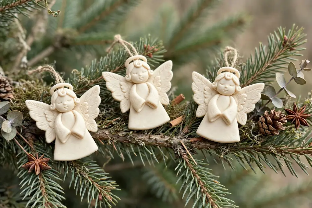 Cream polymer clay angel ornaments with folded wings on a tree branch.