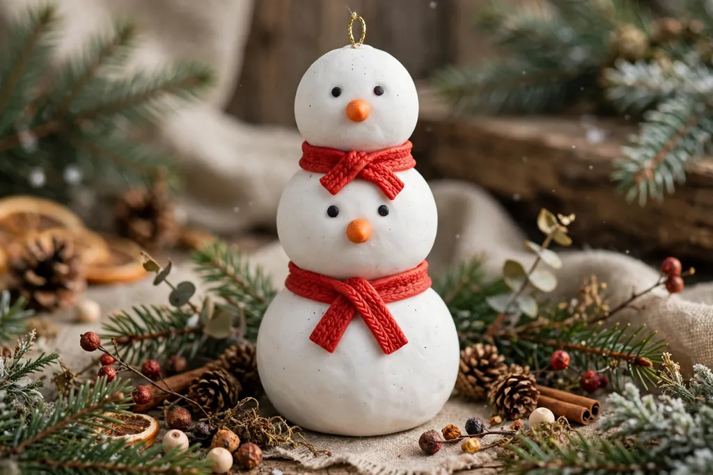 Stacked white polymer clay snowman ornaments with orange noses and red scarves.