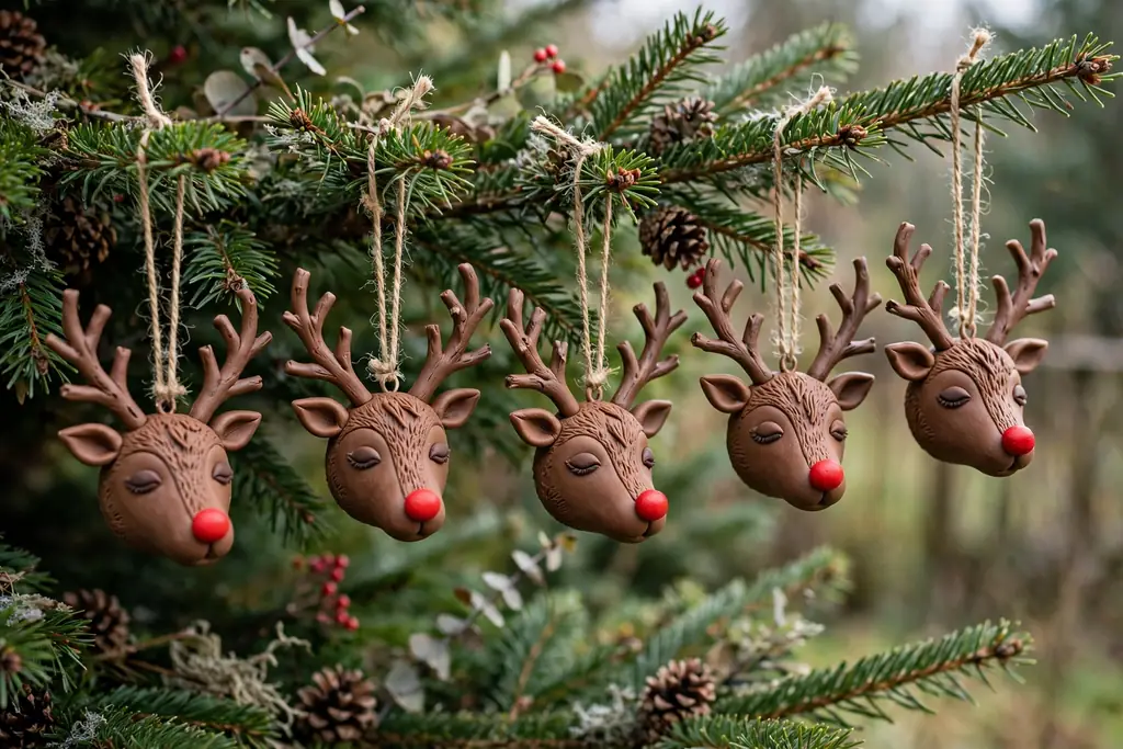Brown polymer clay reindeer head ornaments with antlers and red noses.