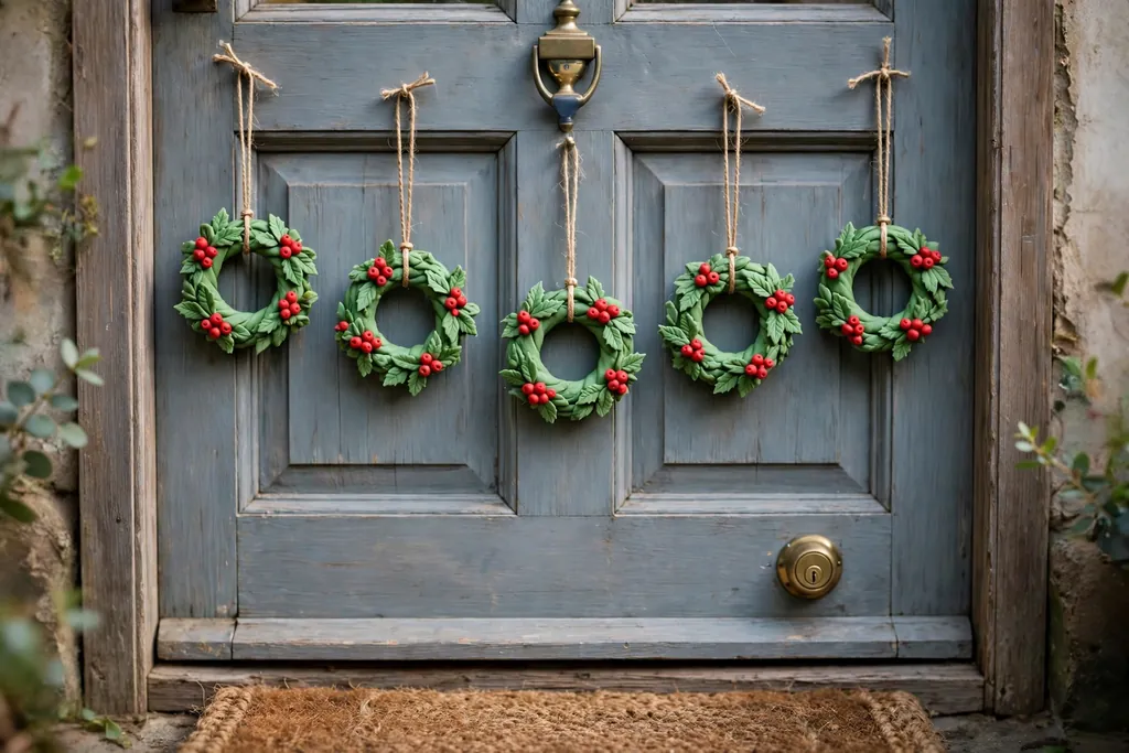 Small green polymer clay wreath ornaments with red berries hanging on a door.