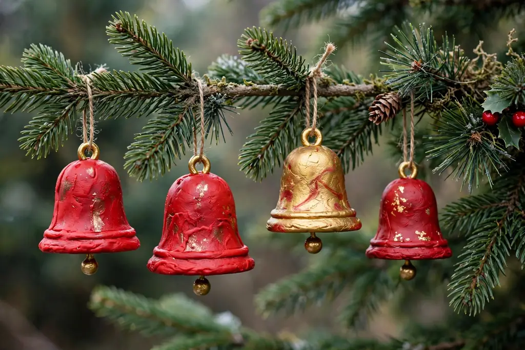 Red and gold polymer clay bell ornaments with small clappers on a tree branch.
