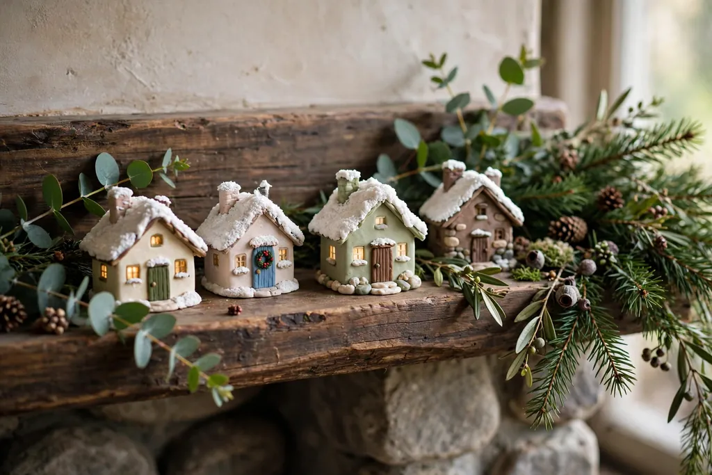 Small polymer clay cottage ornaments with snowy roofs on a mantel.