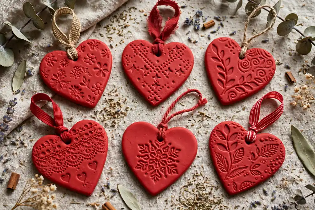 Red polymer clay heart ornaments with stamped patterns and ribbon loops.
