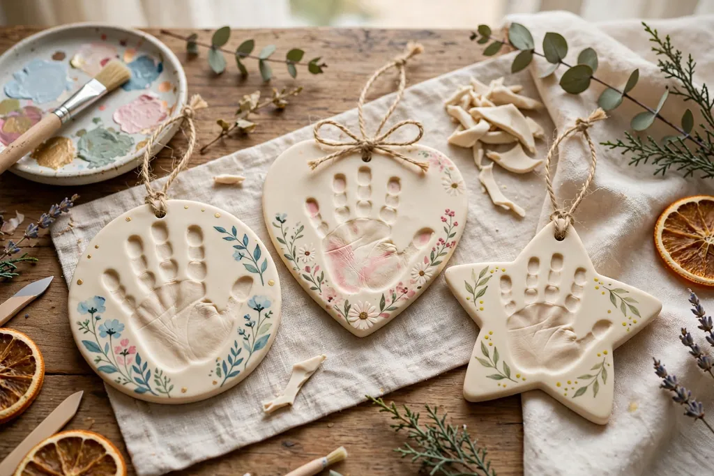 Cream polymer clay keepsake handprint ornaments with painted prints.