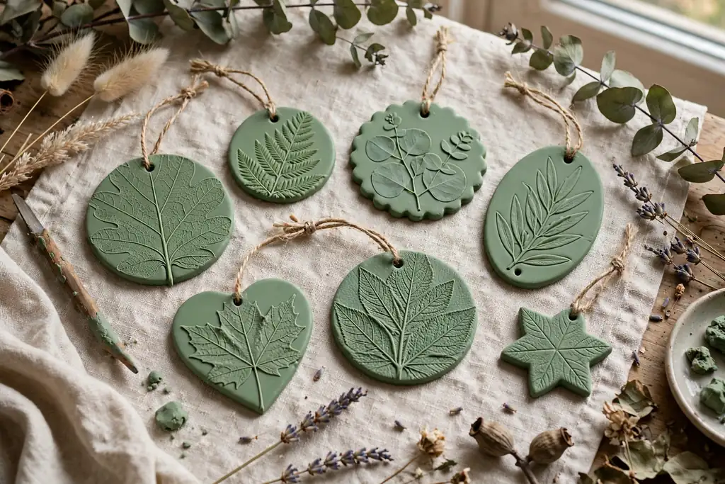 Sage green polymer clay ornaments with botanical leaf vein imprints.