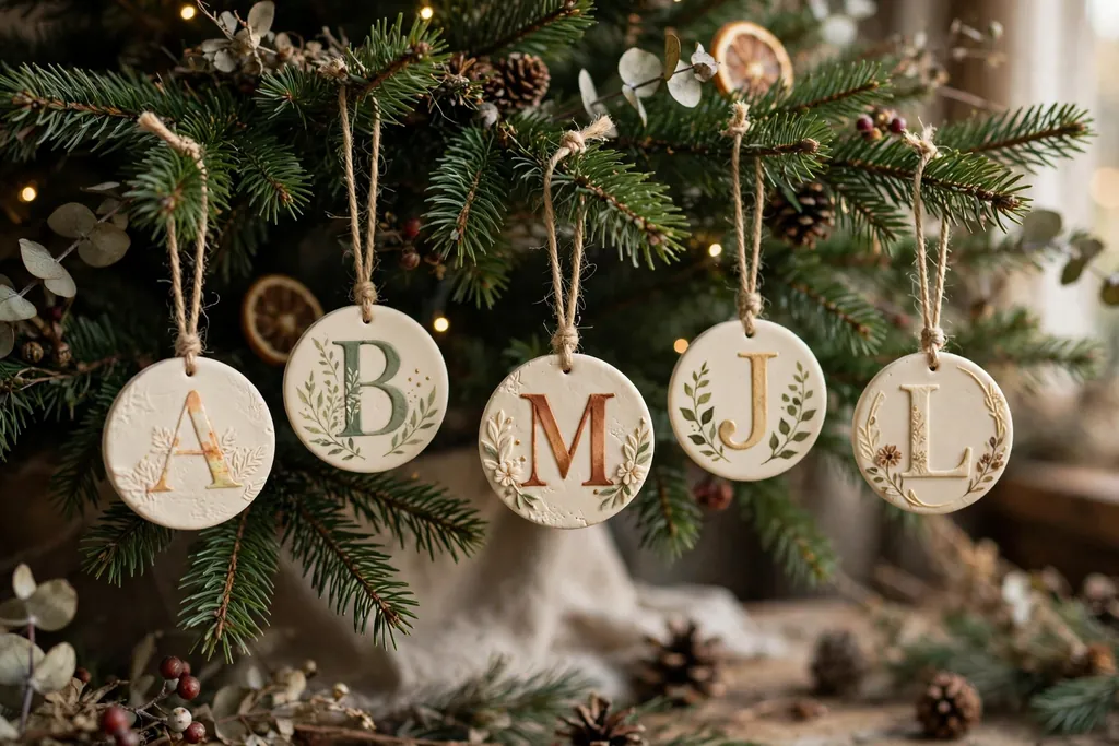 Cream polymer clay monogram letter ornaments with painted letters on a tree.