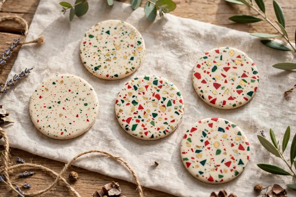 Flat round polymer clay ornaments with terrazzo speckles in red, green, and gold.
