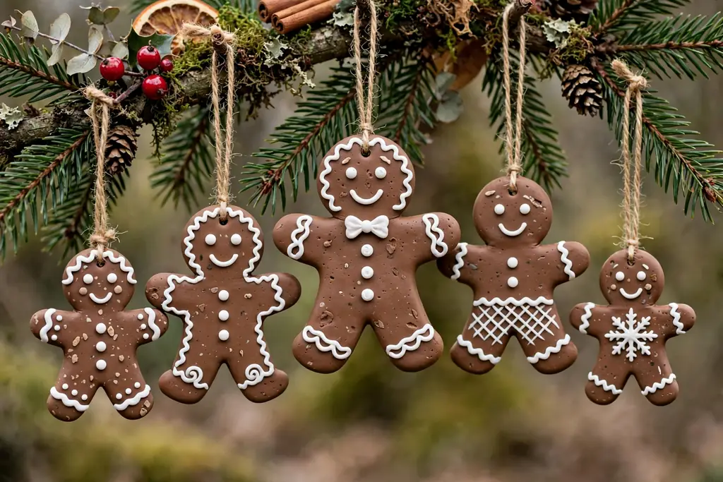 Polymer clay gingerbread people ornaments with white icing details on a tree branch.