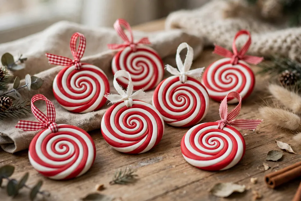 Red and white striped polymer clay disc ornaments with ribbon loops.