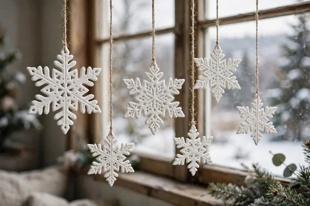 White polymer clay snowflake ornaments with pierced patterns hanging near a window.