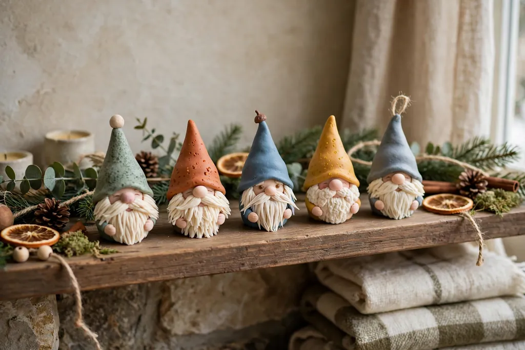 Small polymer clay gnome ornaments with pointed hats and cream beards on a mantel.