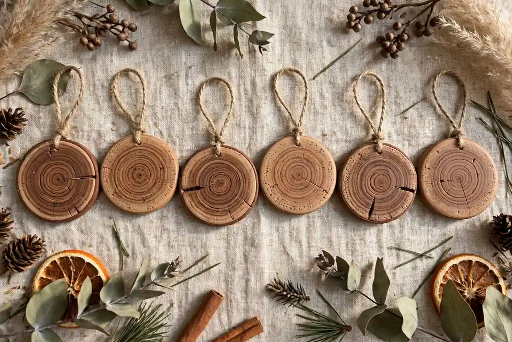 Polymer clay ornaments with a faux wood slice grain pattern and twine loops.