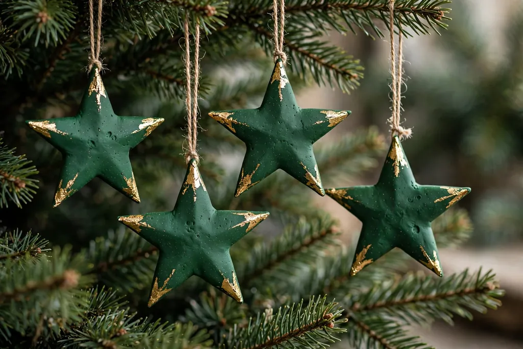 Deep green polymer clay star ornaments with gold leaf on the points.