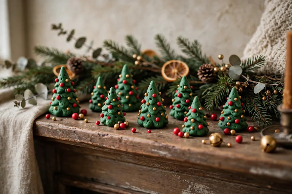 Tiny green polymer clay Christmas tree ornaments with small red and gold balls.