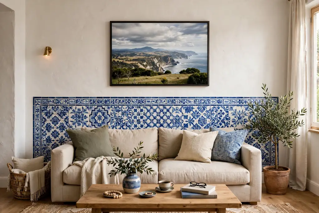 Living room wall with a blue and white azulejo tile panel behind a sofa.