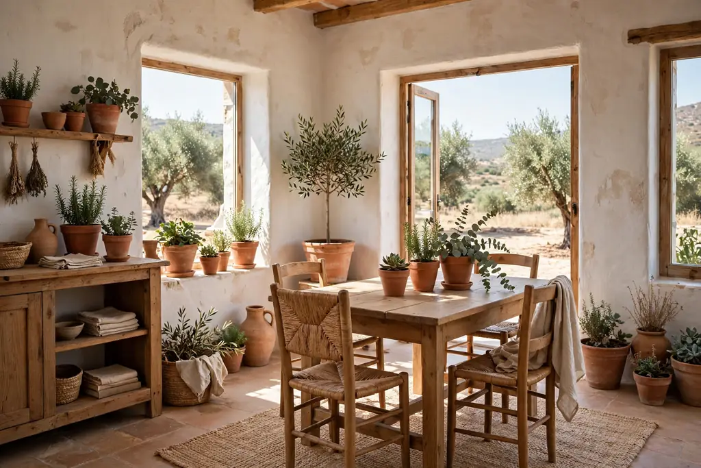 Room with warm white whitewashed plaster walls and wood furniture.