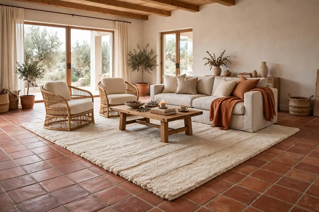 Room with warm terracotta tile floors and a large cream wool rug.