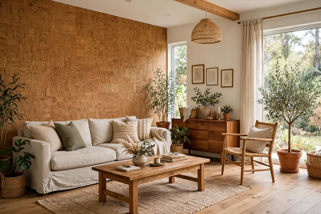 Living room with a natural honey cork accent wall and linen sofa.