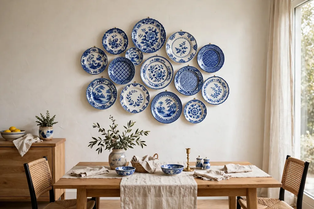 Dining wall with a cluster of hand painted blue and white ceramic plates.