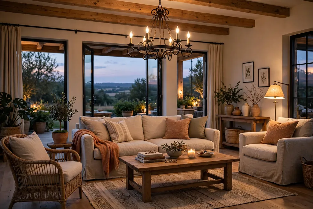 Living room seating area with a wrought iron chandelier in warm light.