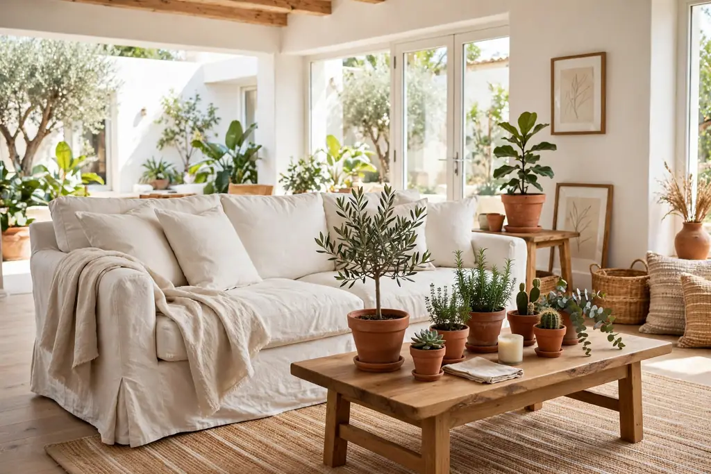 Relaxed linen slipcovered sofa in warm white in a bright living room.