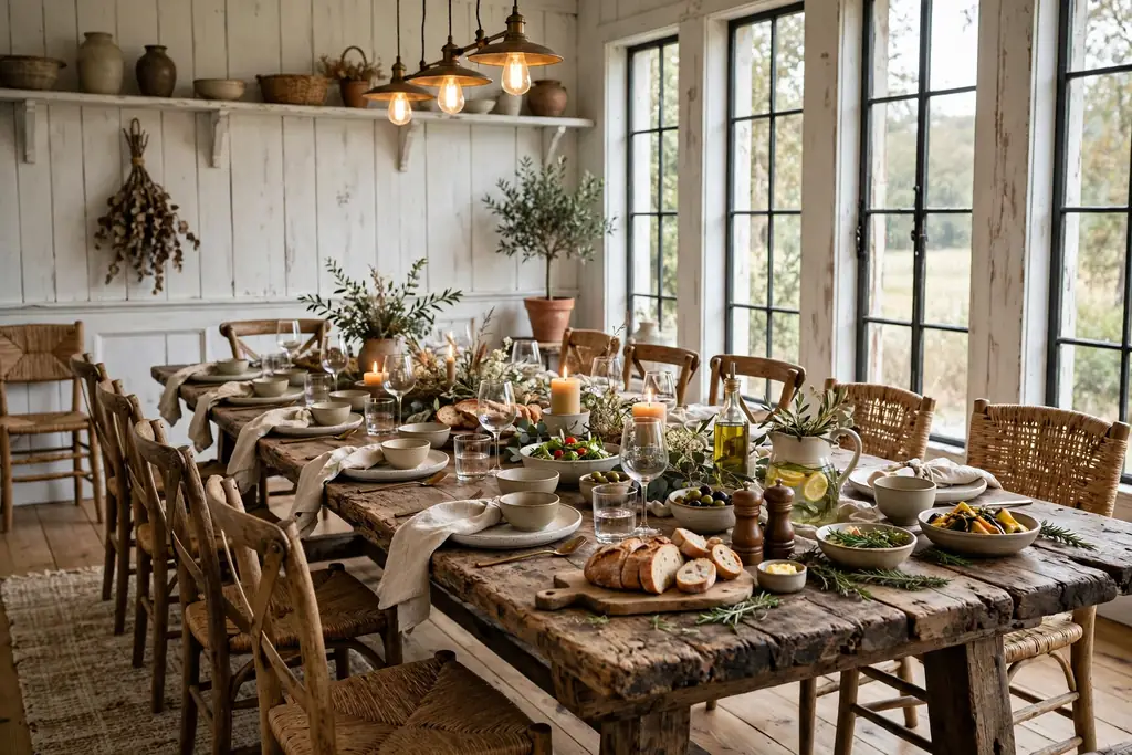 Long rustic wood dining table set for a family meal.