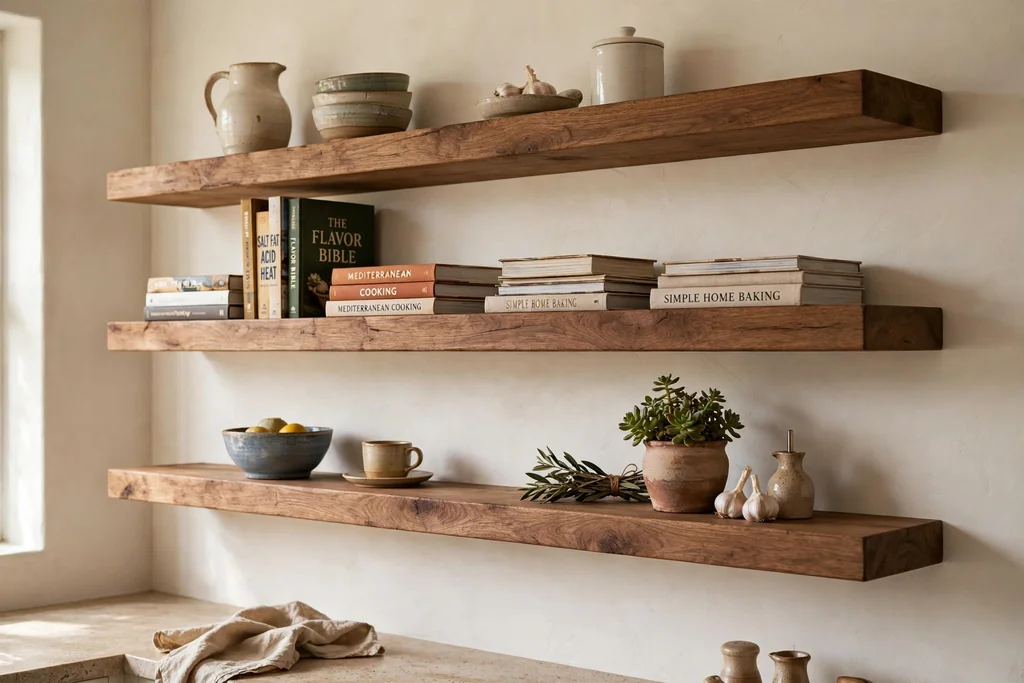 Open thick wood shelves holding ceramics, cookbooks, and a plant.