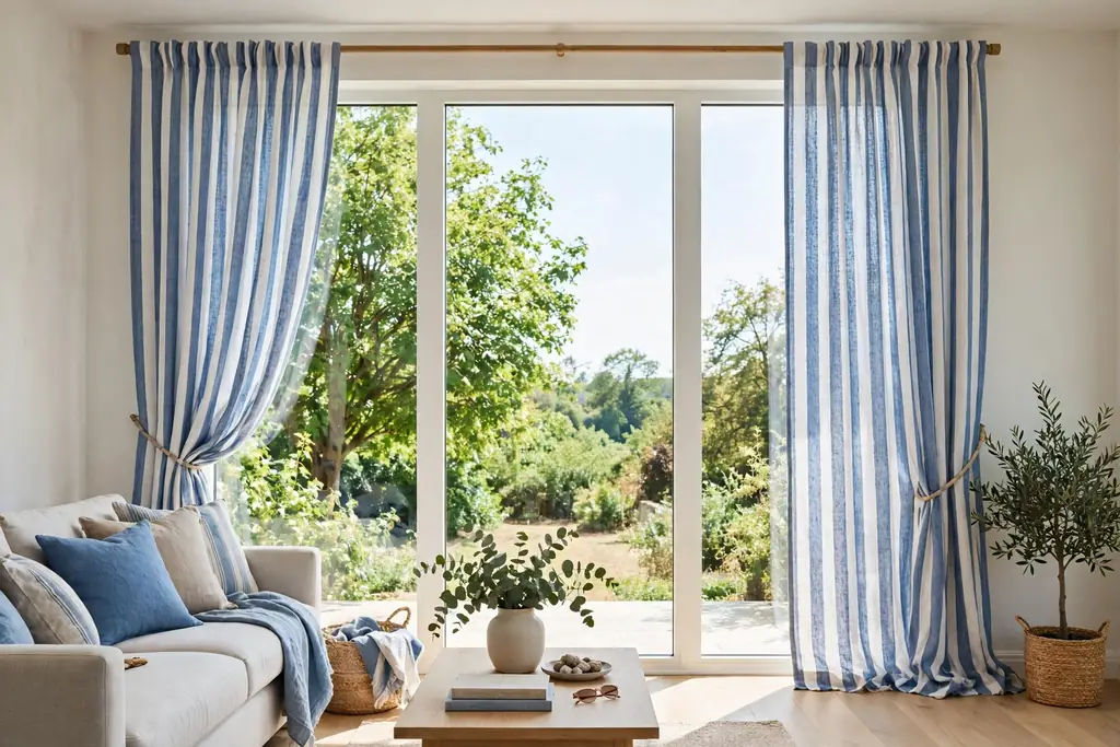 Tall window with floor length blue and white striped linen curtains.