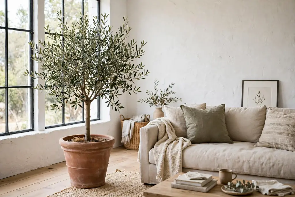 Potted olive tree in a large terracotta pot beside a sofa.
