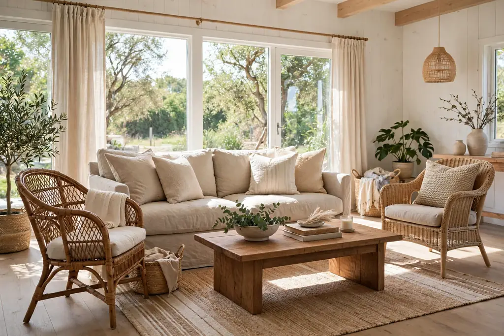 Seating group with rattan and woven chairs and a linen sofa.