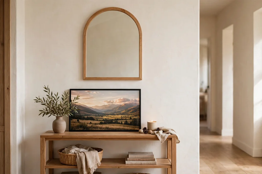 Hallway console table with an arched mirror above it.