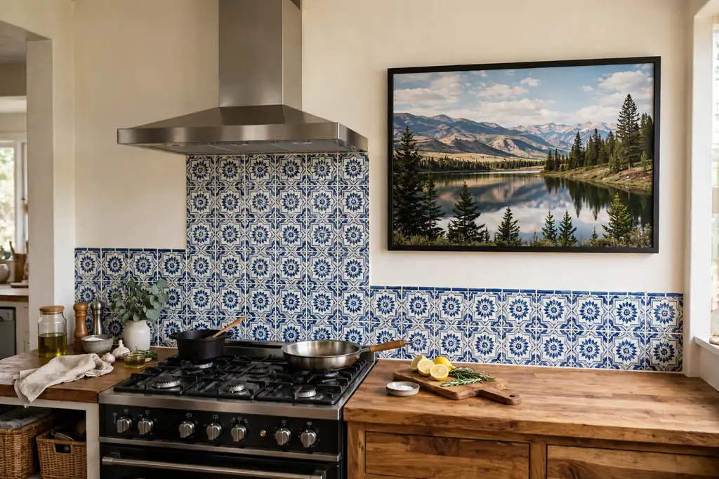 Kitchen wall with a patterned blue and white tile backsplash above a stove.