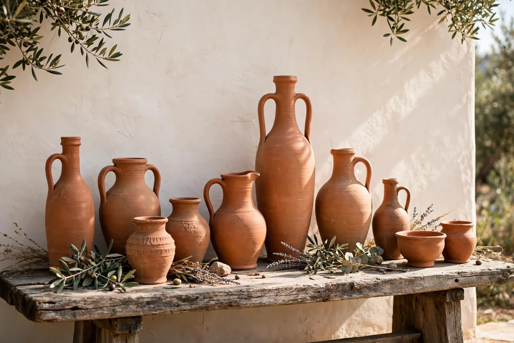 Group of terracotta pottery vases and jugs in different heights.