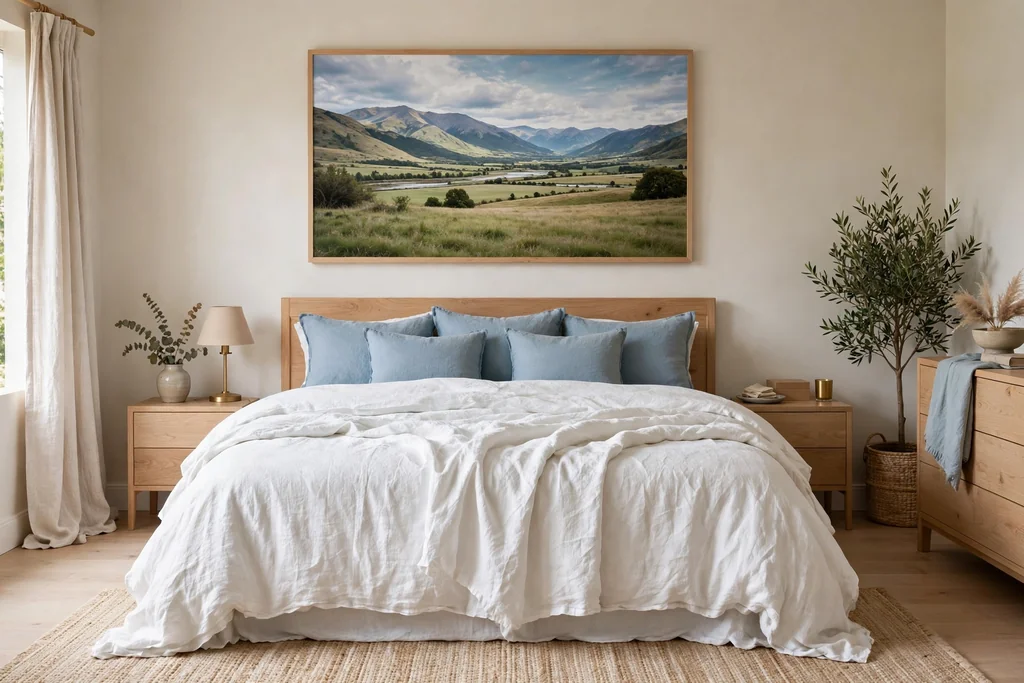 Bedroom bed with layered white linen bedding and soft blue cushions.