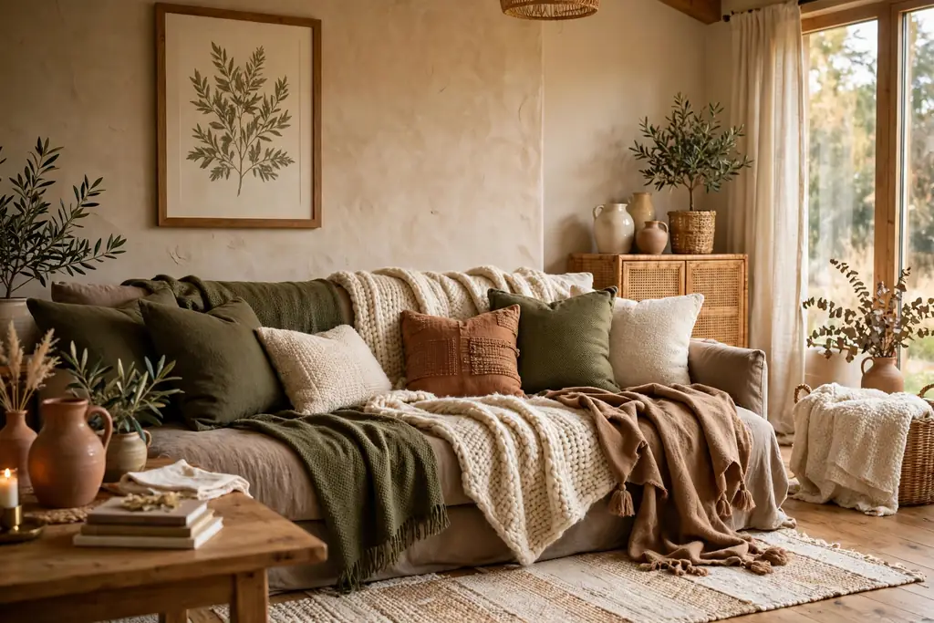 Sofa layered with wool throws and cushions in clay, olive, and cream.