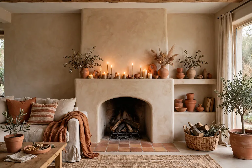 Living room fireplace with a warm plaster surround and candles.