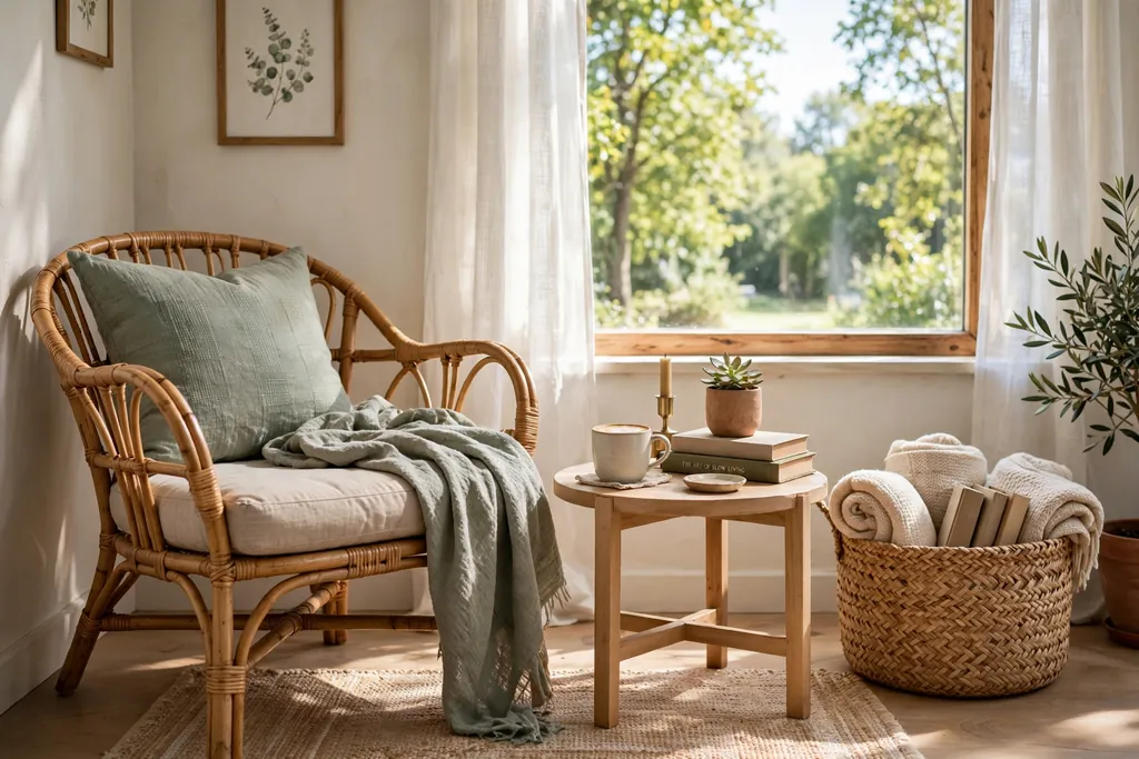 Reading corner with a rattan chair and woven basket by a window.