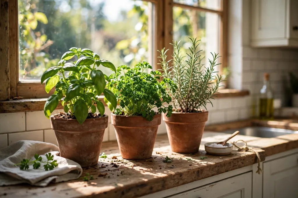 Kitchen windowsill with terracotta pots of basil, parsley, and rosemary.