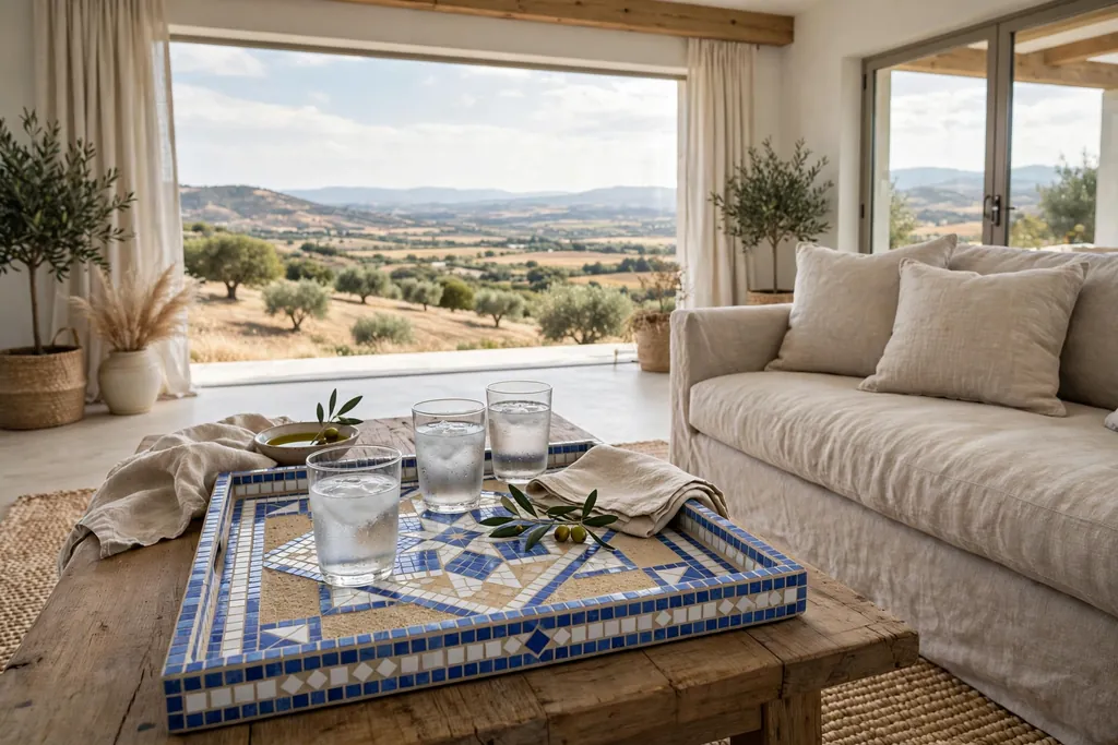 Coffee table with a mosaic tile tray in blue, white, and sand.